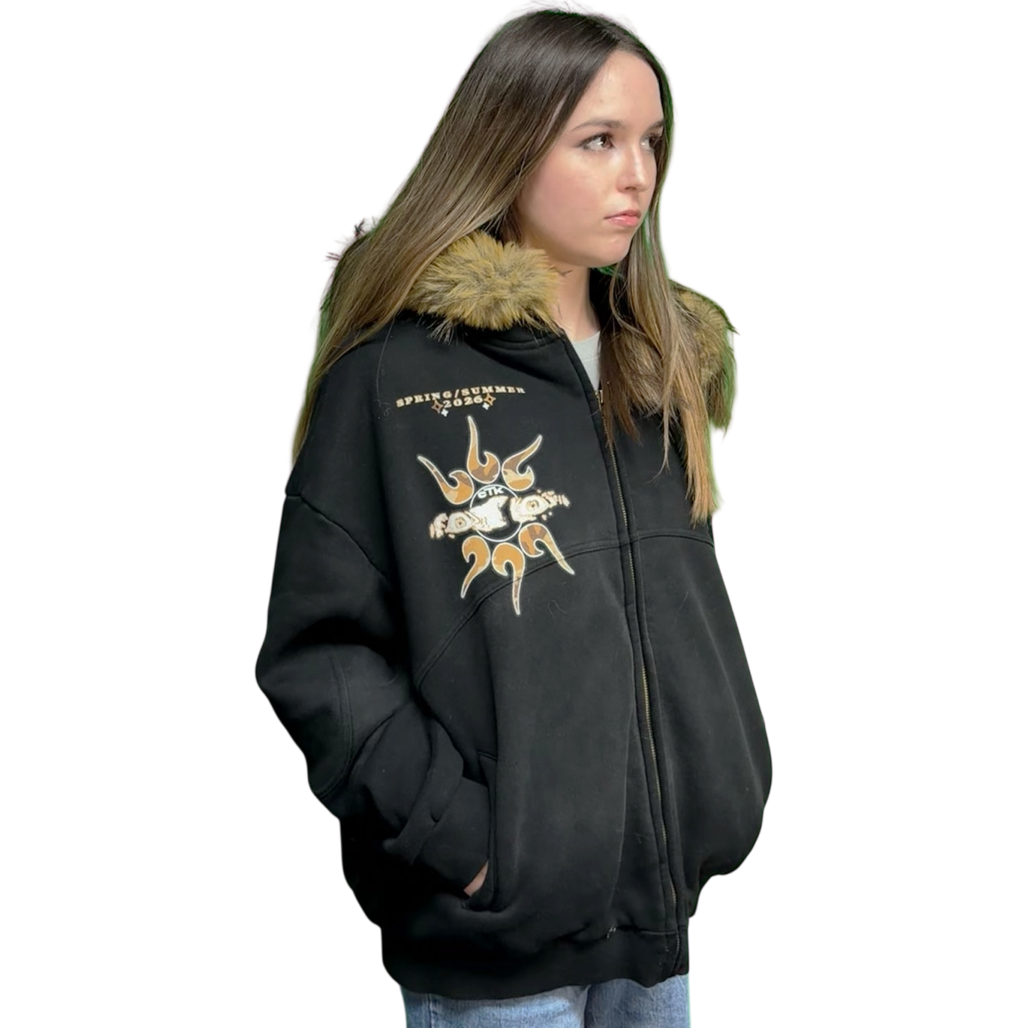 CTK CASINO Zip-up Hooded Jacket with Detachable Fur (Black/Desert Camo)