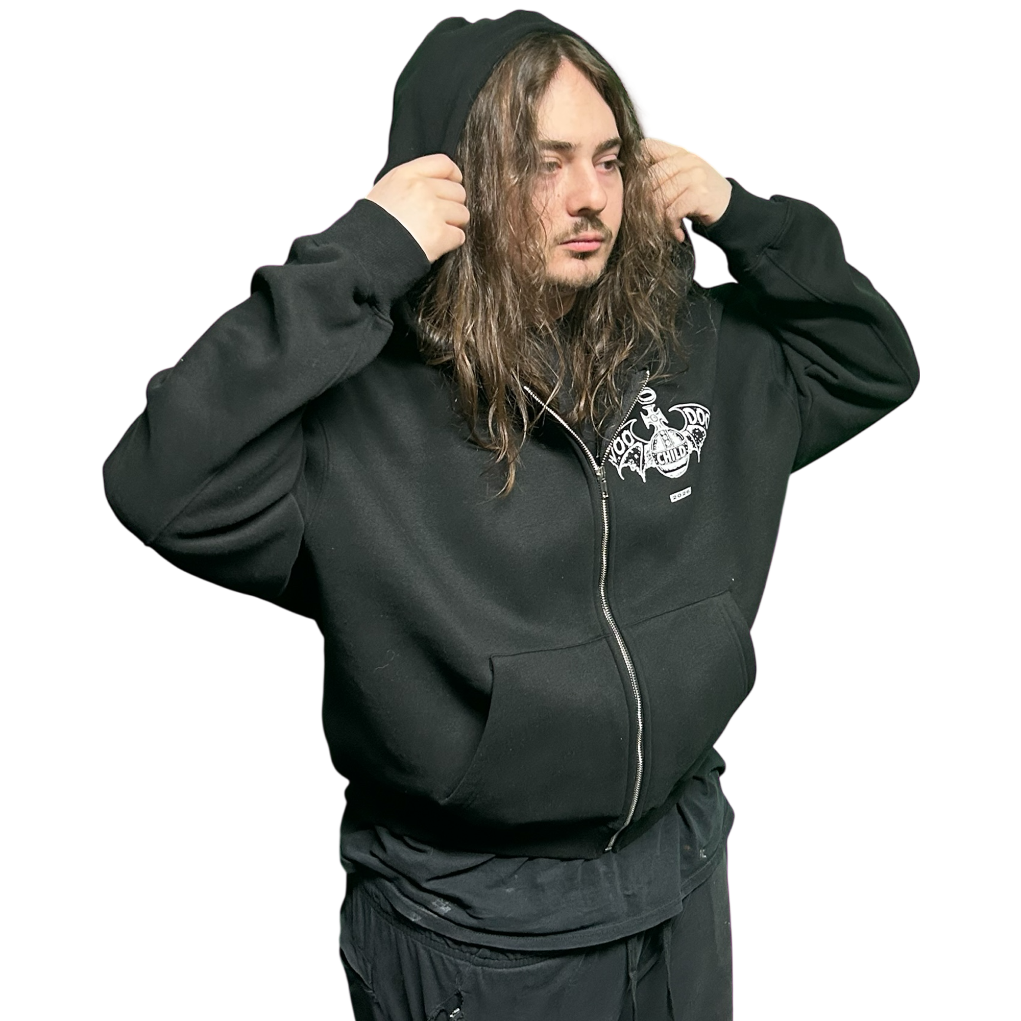 VOODOO CHILD Logo Fleece Zip-Up Hoodie (Black/White)