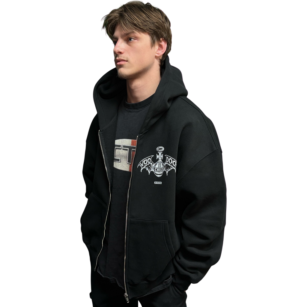 VOODOO CHILD Logo Fleece Zip-Up Hoodie (Black/White)