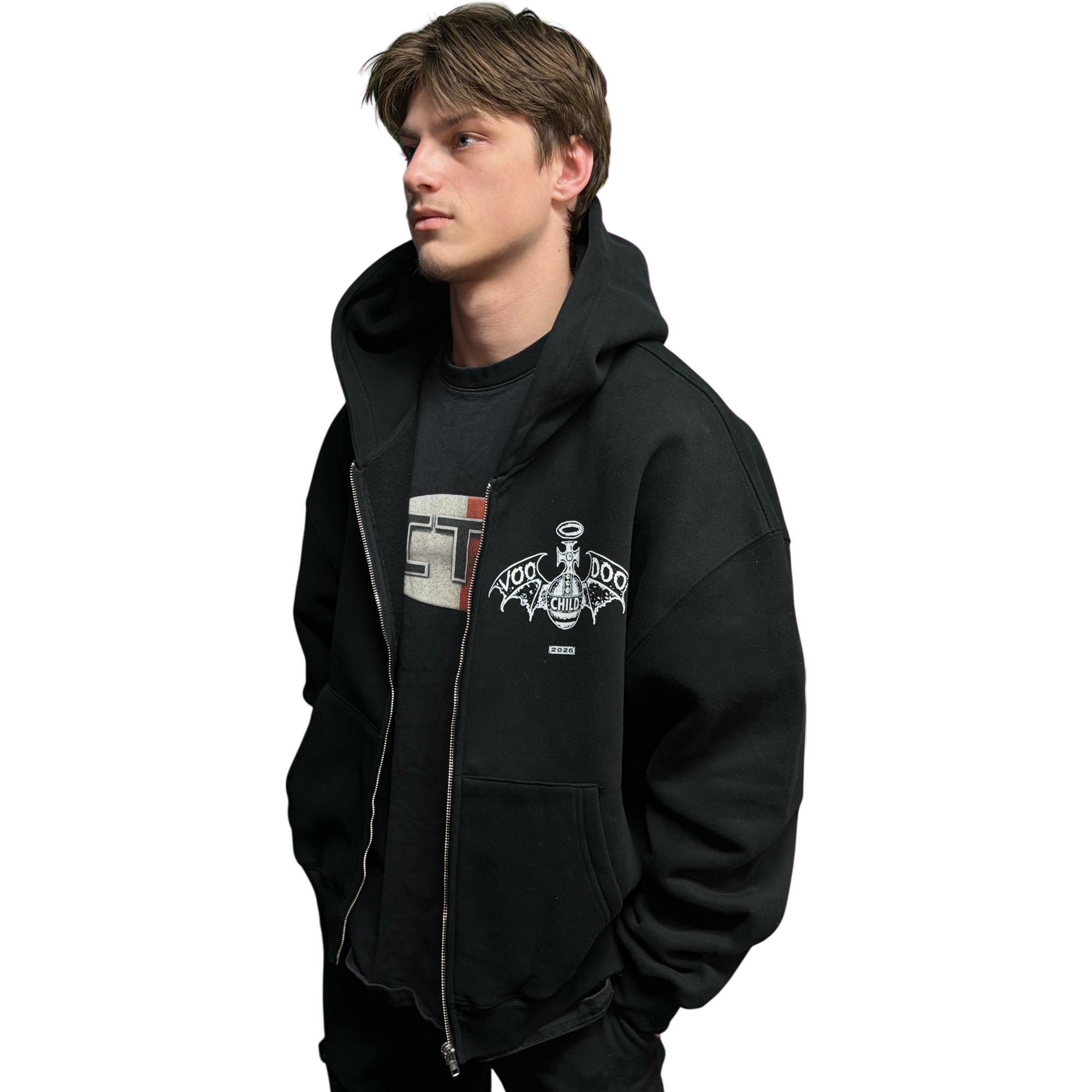 VOODOO CHILD Logo Fleece Zip-Up Hoodie (Black/White)