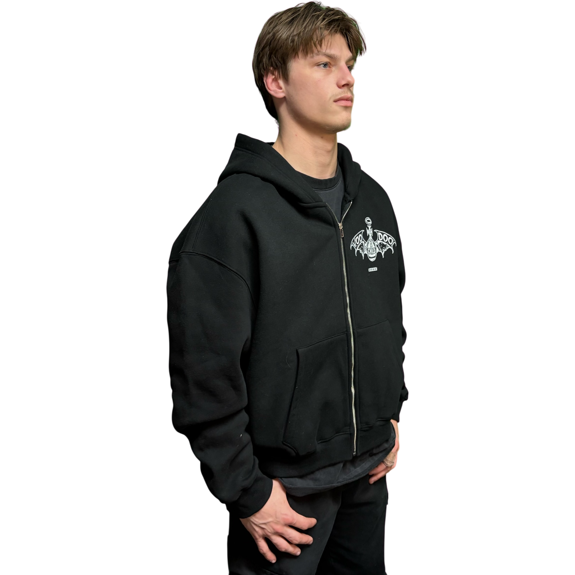 VOODOO CHILD Logo Fleece Zip-Up Hoodie (Black/White)
