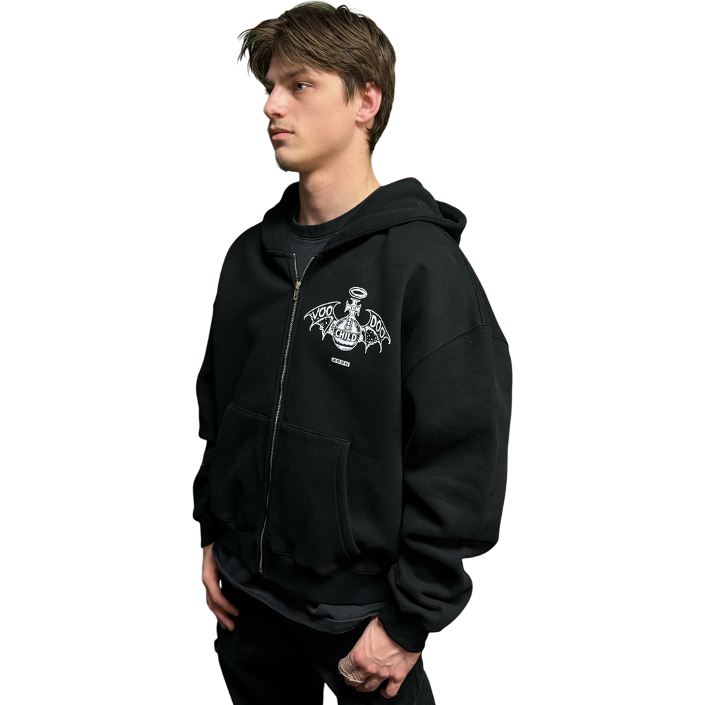 VOODOO CHILD Logo Fleece Zip-Up Hoodie (Black/White)