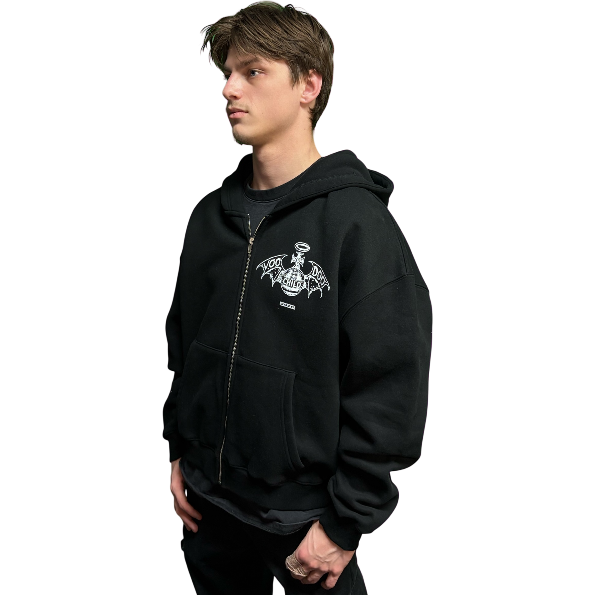 VOODOO CHILD Logo Fleece Zip-Up Hoodie (Black/White)