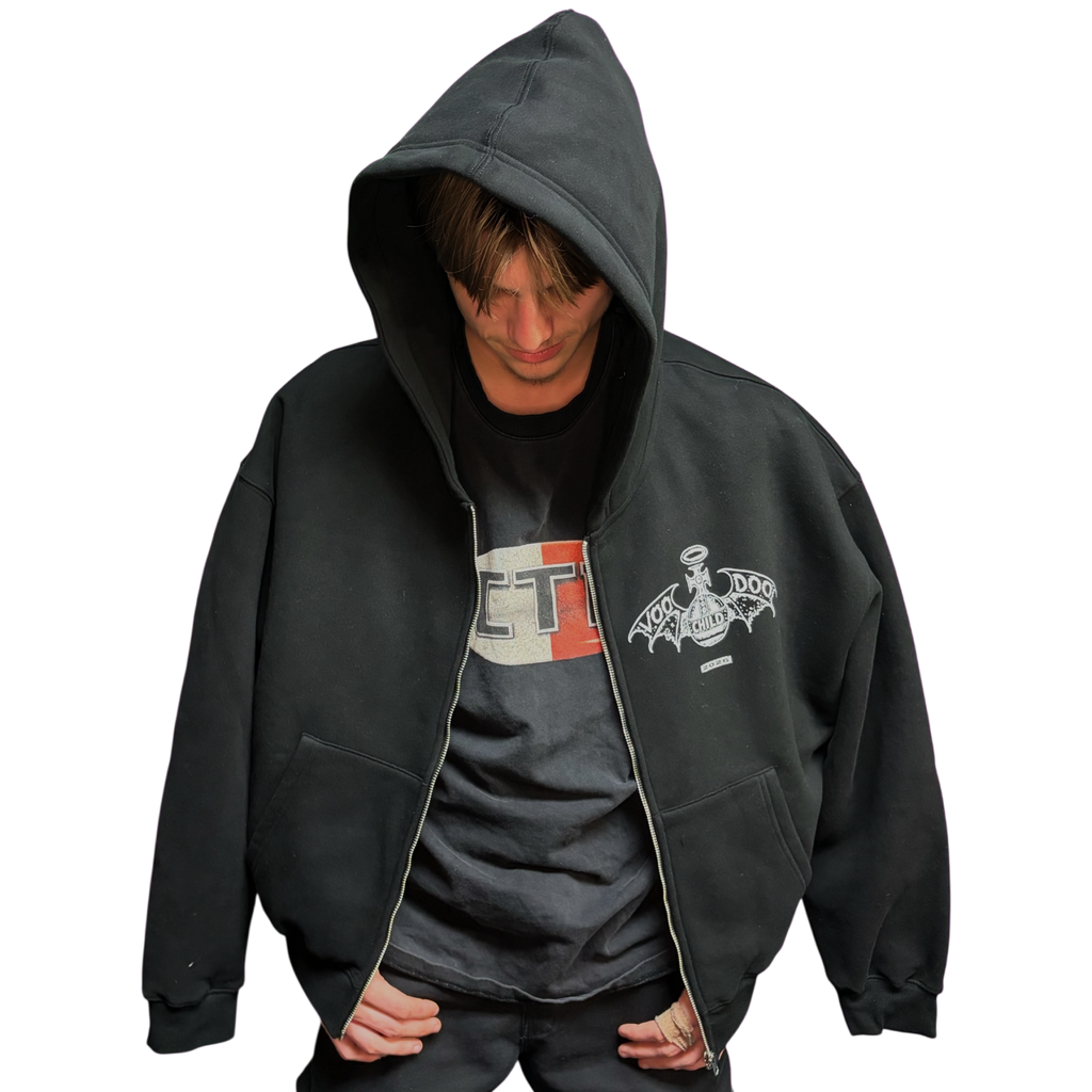 VOODOO CHILD Logo Fleece Zip-Up Hoodie (Black/White)