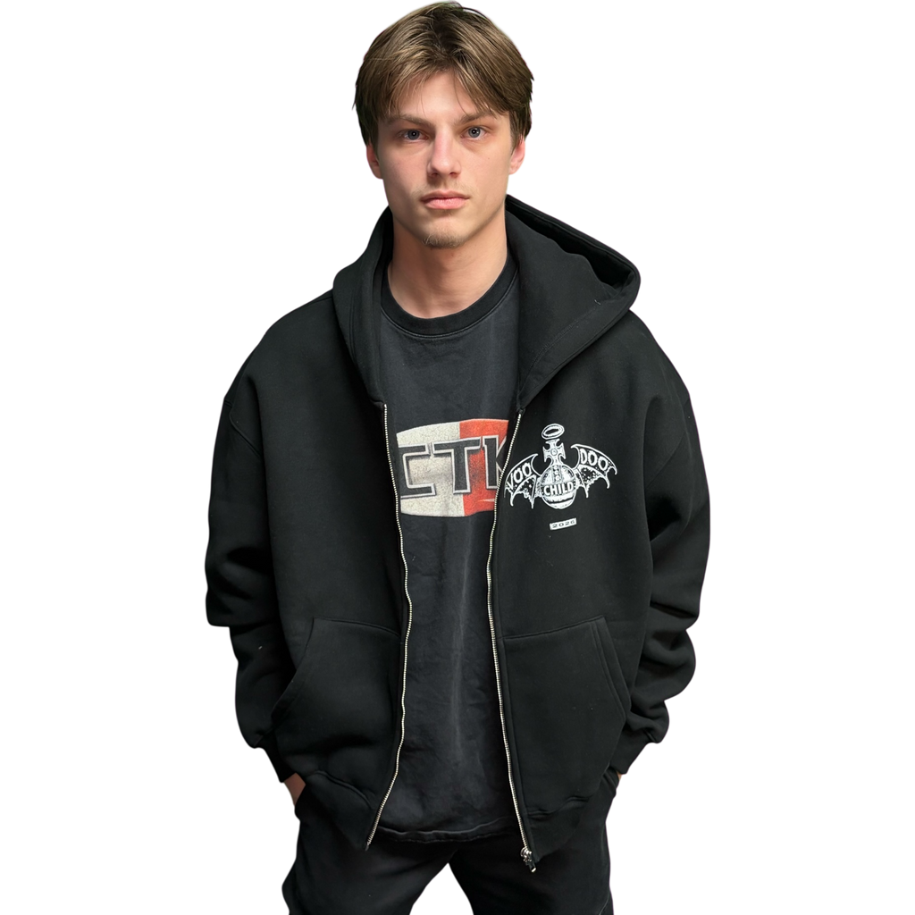 VOODOO CHILD Logo Fleece Zip-Up Hoodie (Black/White)