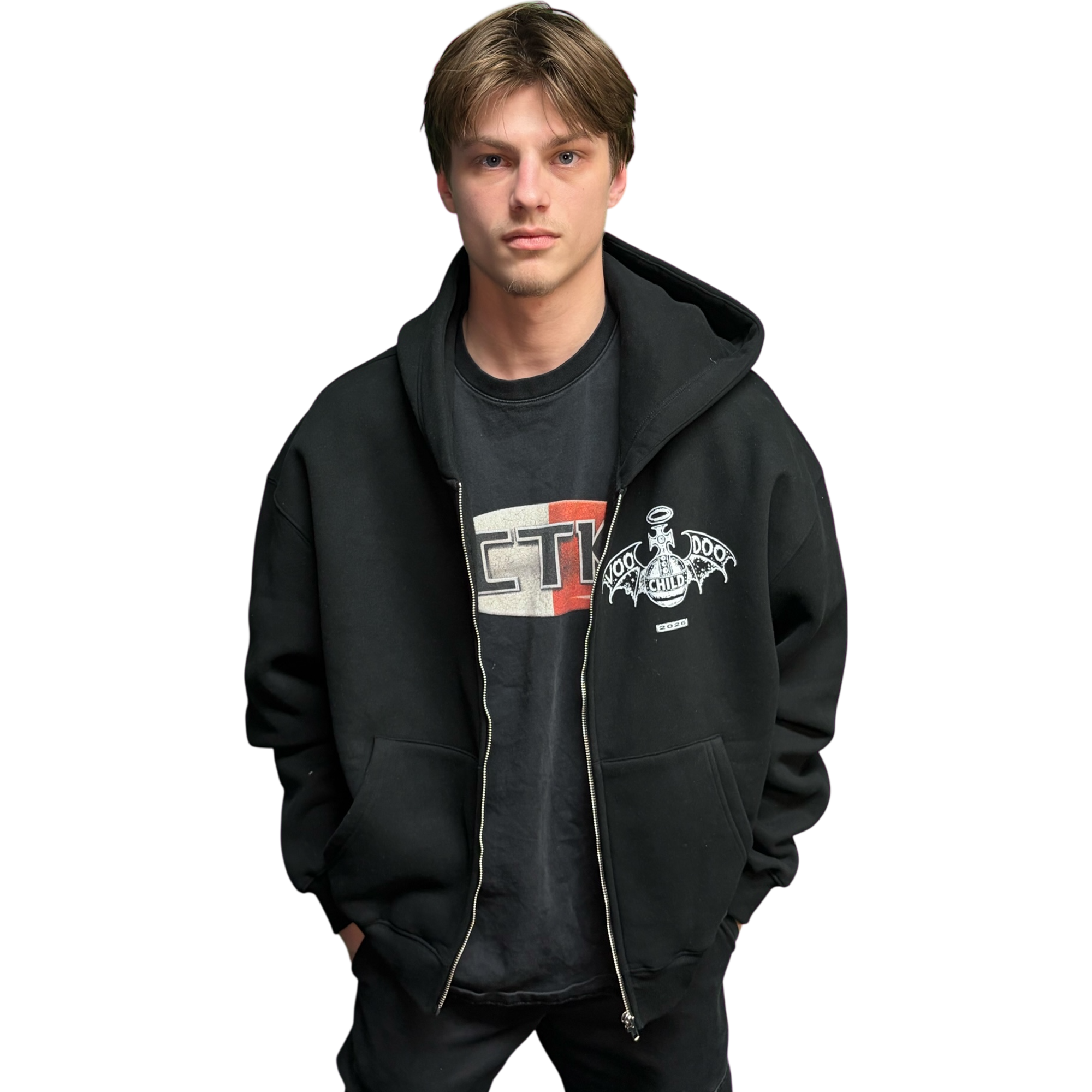 VOODOO CHILD Logo Fleece Zip-Up Hoodie (Black/White)